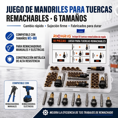 Kit Profesional de Tuercas Remachables M3–M10 con Mandriles Intercambiables
